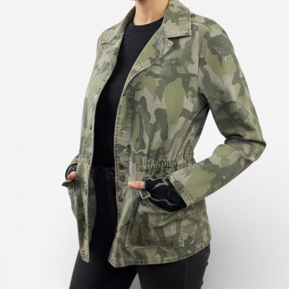 Decree Army Olive Green Camo Snap Button Cinch Waist Jacket Sz M